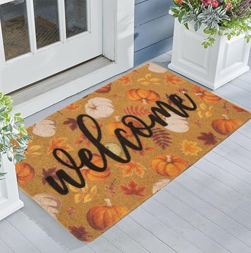 IZUS Pumpkin Welcome-Doormat for Outdoor Fall-Seasonal Decor Non-Slip Farmhouse-Porch-Mats Faux-Coir Entrance-Mats Halloween 17X30inch | Amazon (US)