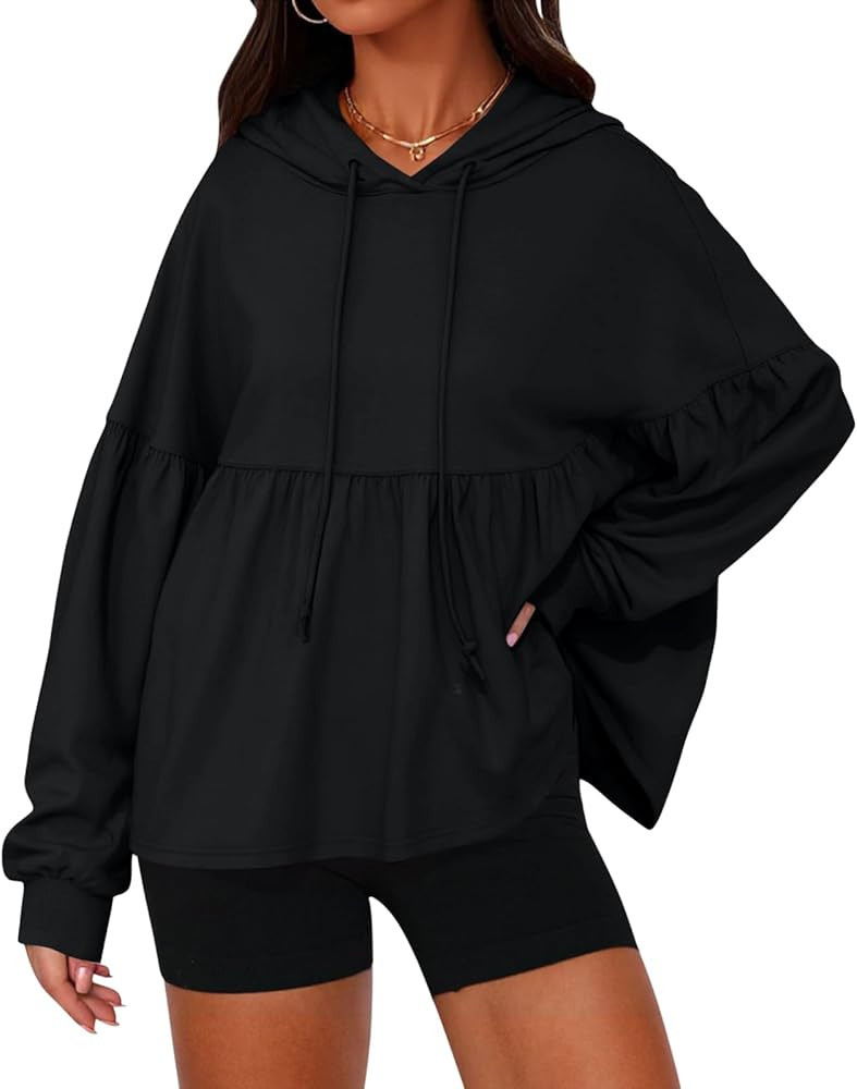 Womens Oversized Hoodies Sweatshirts Casual Lantern Sleeve Peplum Tops Drawstring Loose Hooded Pu... | Amazon (US)