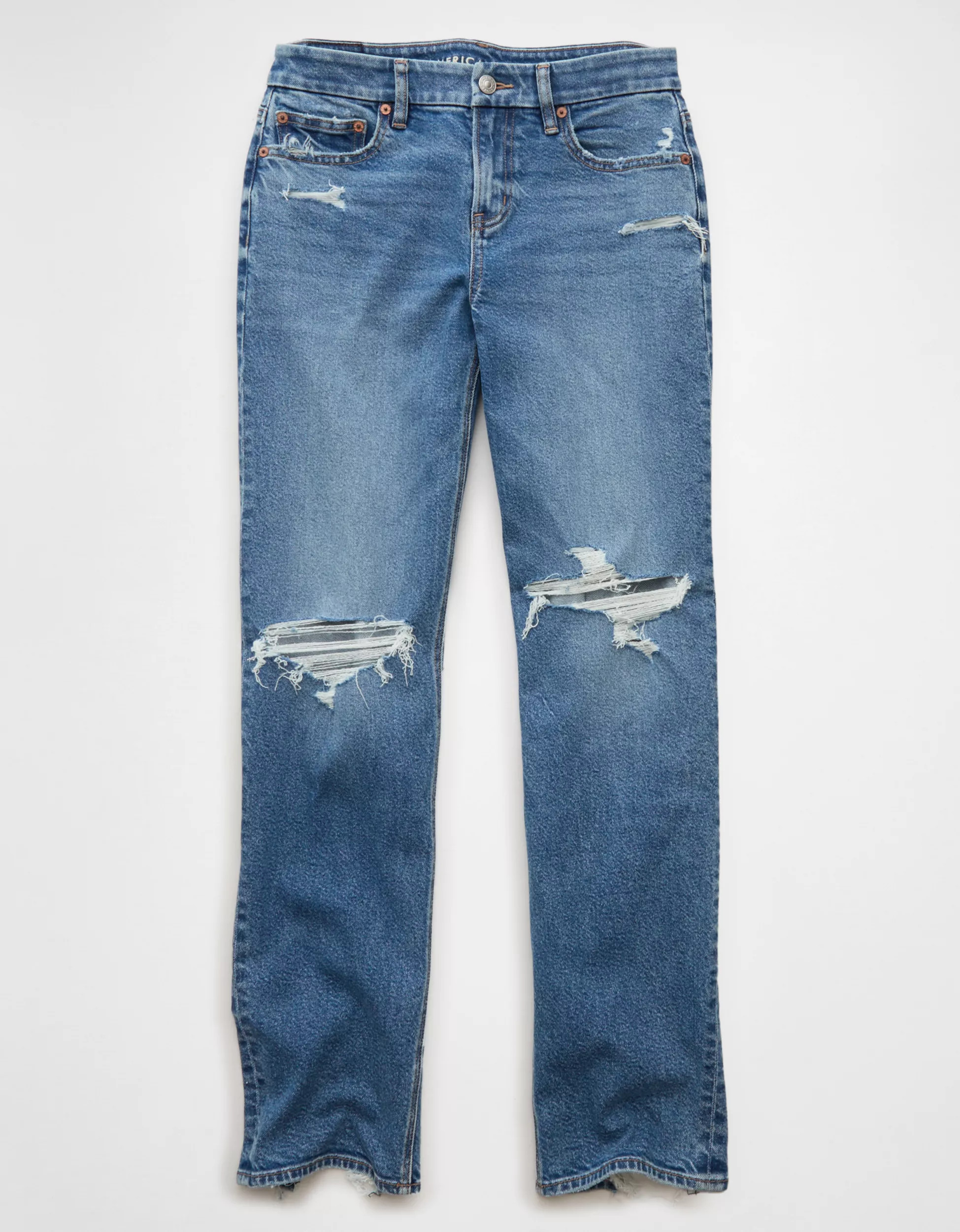 AE Stretch Curvy Ripped Straight Jean | American Eagle Outfitters (US & CA)