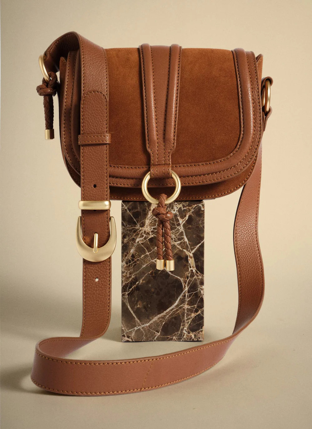 Harper Tan Suede Saddle Bag | Mint Velvet