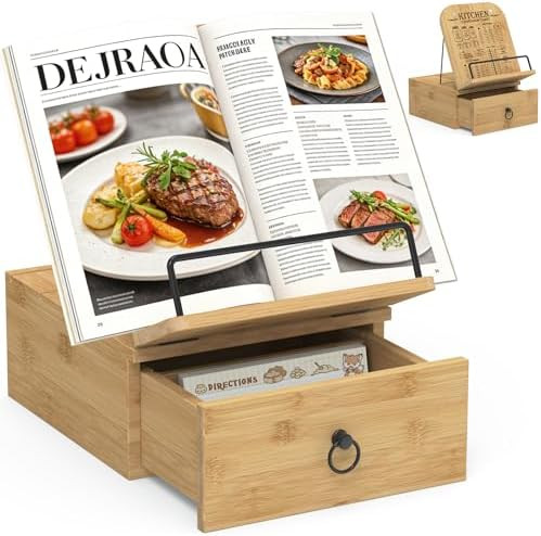 Cookbook Stand-Wooden Recipe Card Holder Box, Adjustable Cooking Book Stand for Kitchen Counter, ... | Amazon (US)