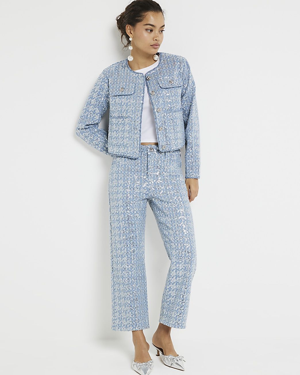 Petite blue stove pipe straight sequin jeans | River Island (UK & IE)