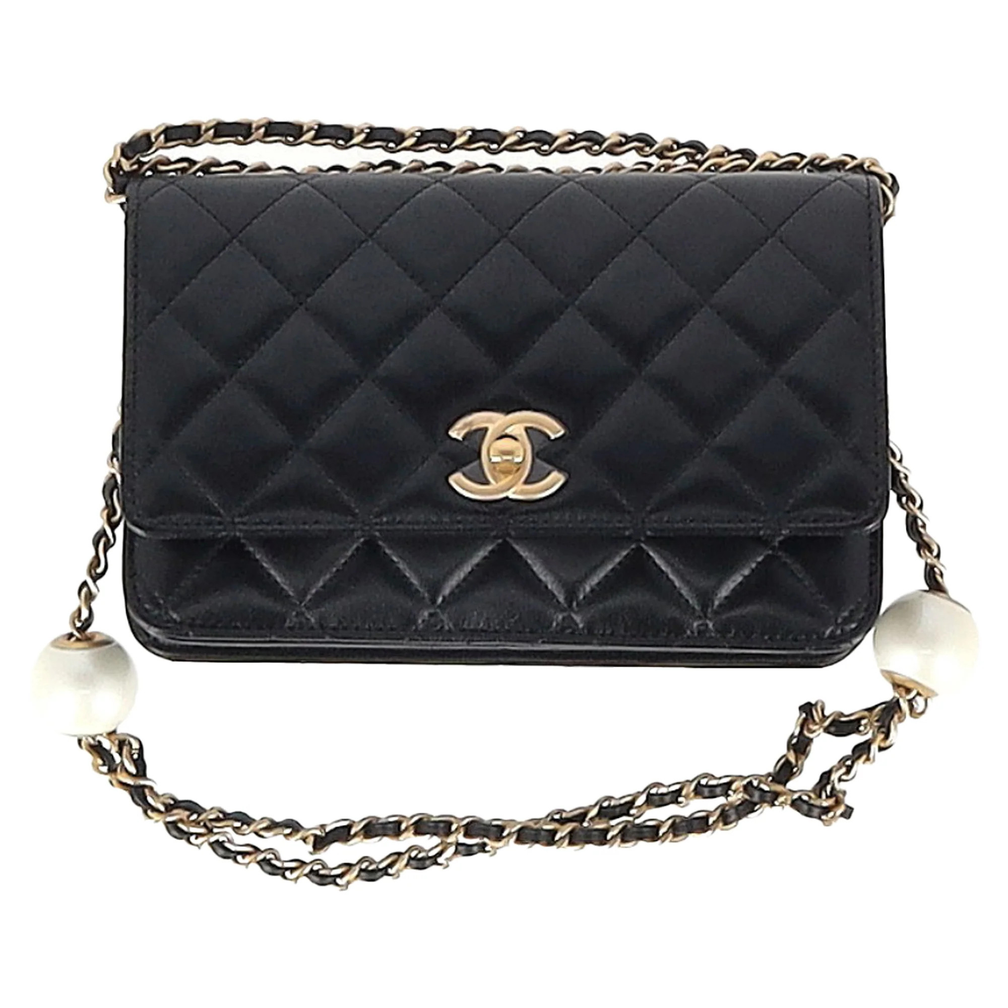 Chanel Quilted CC Pearl Crush Mini Wallet on Chain in Black Lambskin Leather | Shop Simon