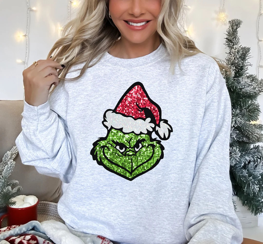 Glitter Grinch Face Sweatshirt, the Grinch Christmas Swatshirt, Womens Christmas Sweatshirt, Grin... | Etsy (US)