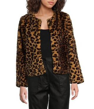 Skies Are Blue Faux Fur Leopard Print Crew Neck Long Sleeve Open Front Jacket | Dillard's | Dillard's