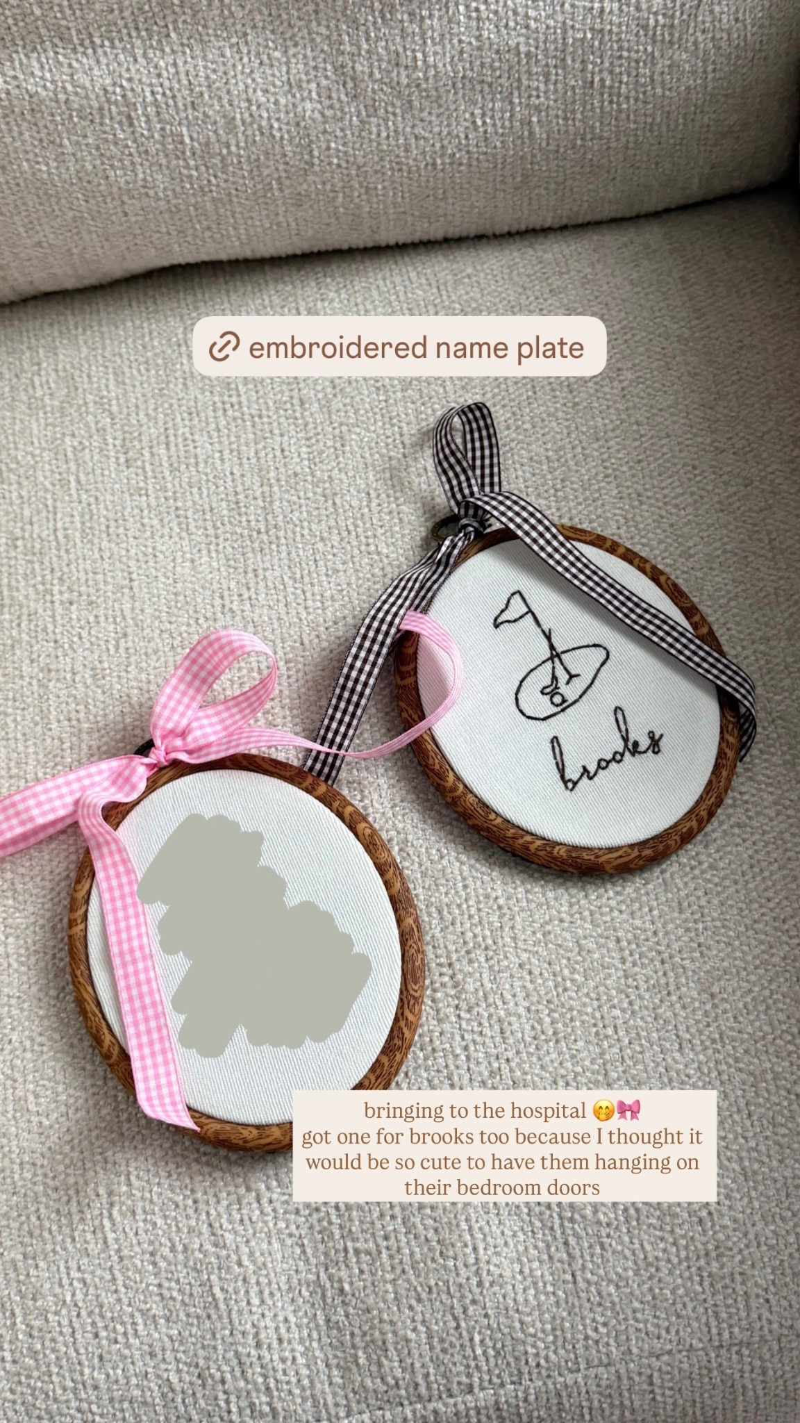 bringing this cute embroidered name plate to the hospital 🤭🎀
got one for brooks too because I thought it would be so cute to have them hanging on their bedroom doors

#LTKBump #LTKBaby #LTKmomlife