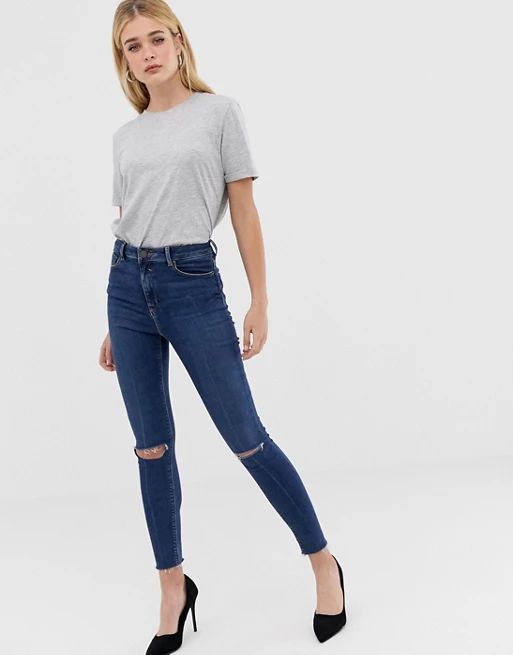 ASOS DESIGN Ridley high waisted skinny jeans in dark wash blue with ripped knee detail | ASOS US