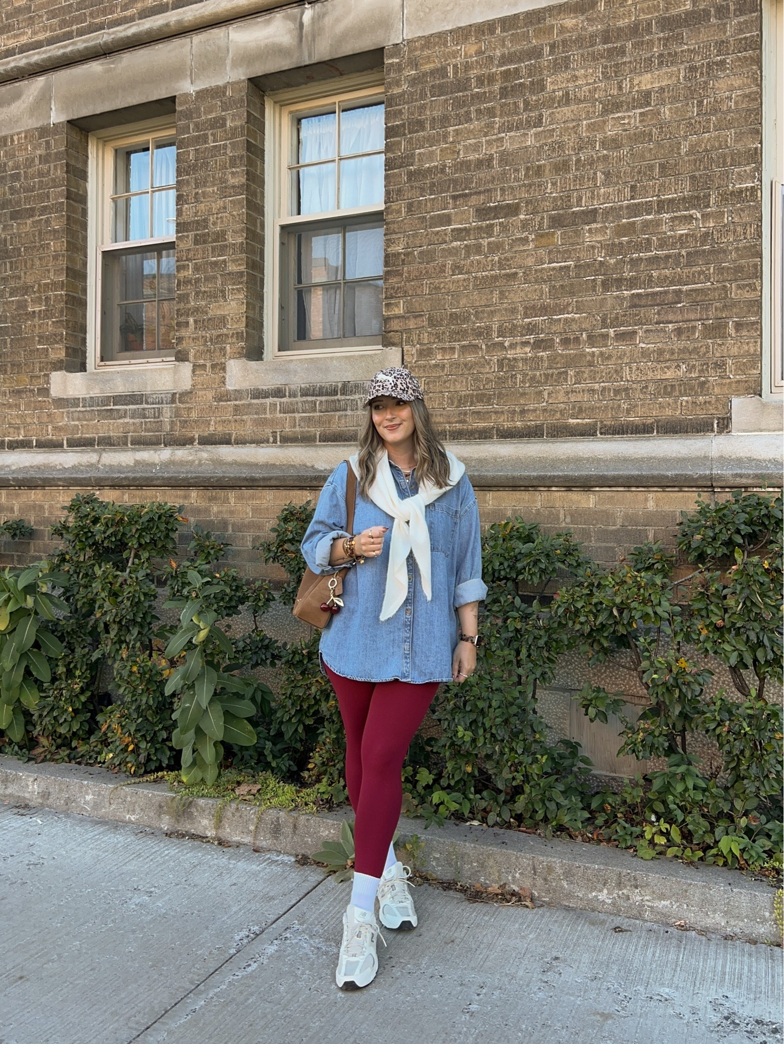 Comfy fall outfit! Wearing L in the denim shirt (exact Canadian shirt link under “similar products”). Also wearing L in the leggings, this color is “deep cherry” from last year, linked this year’s shade of burgundy. New Balance sneakers are super comfy for walking, I’m a 9.5-10 and wear a 9. Triangle scarf is such a fun accessory for fall! Exact Canadian scarf link also under “similar”

#LTKfall #LTKsale #LTKstyletip