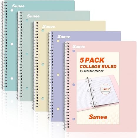 SUNEE Spiral Notebooks, 1-Subject, 5 Pack, College Ruled Paper, 8" x 10-1/2", 70 Sheets per Noteb... | Amazon (US)