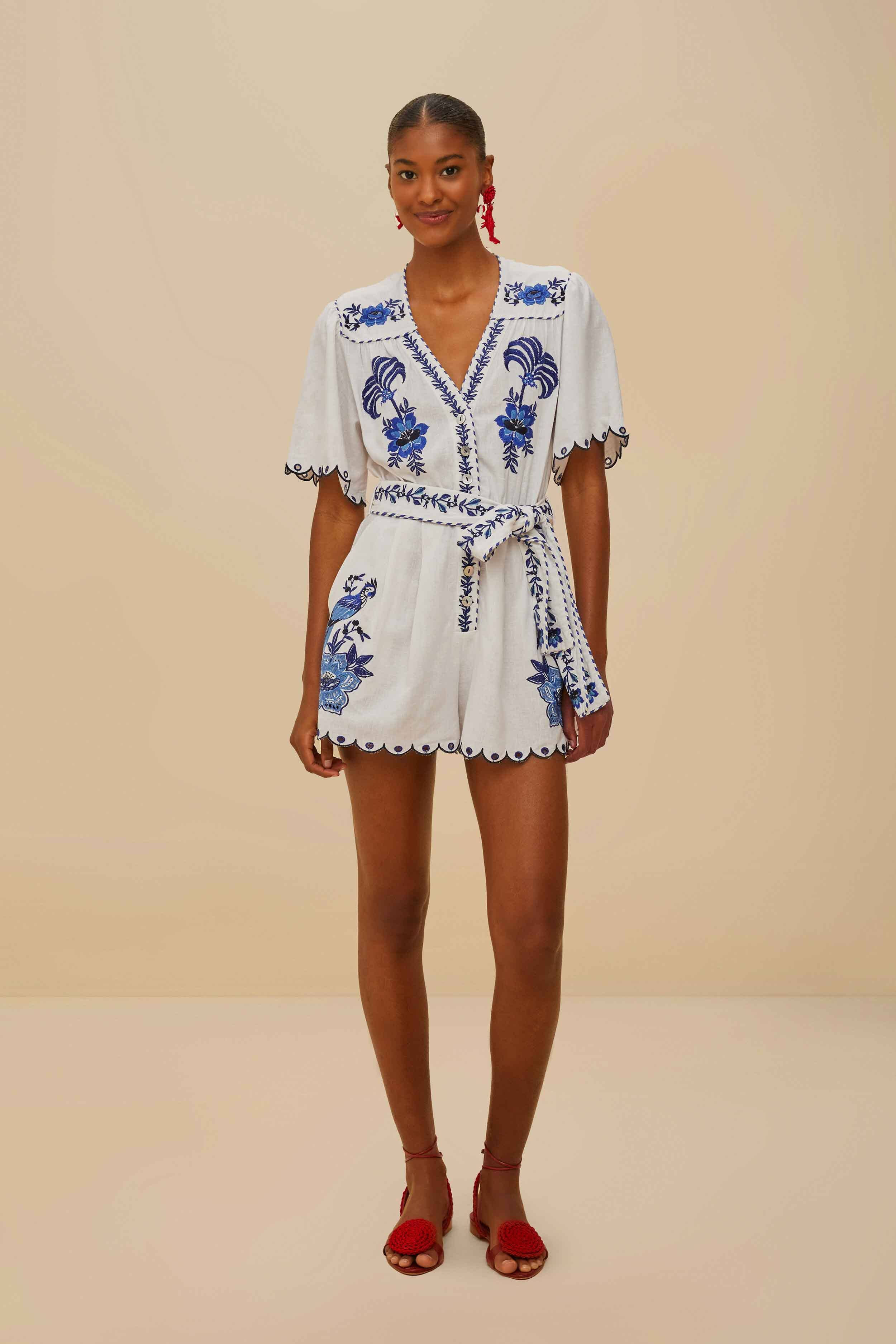 Blue Delicate Forest Richelieu Embroidered LENZING™ ECOVERO™ Euroflax™ | FarmRio (US)