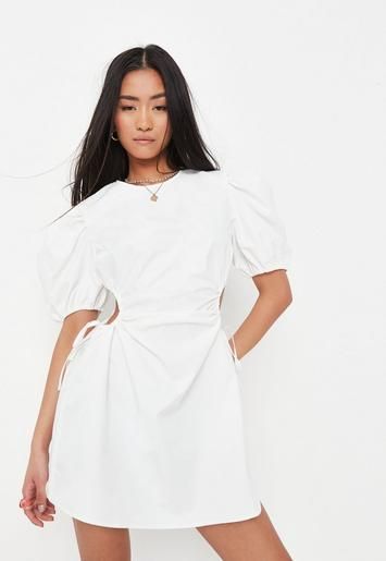 Missguided - White Poplin Cut Out Puff Sleeve Mini Dress | Missguided (UK & IE)