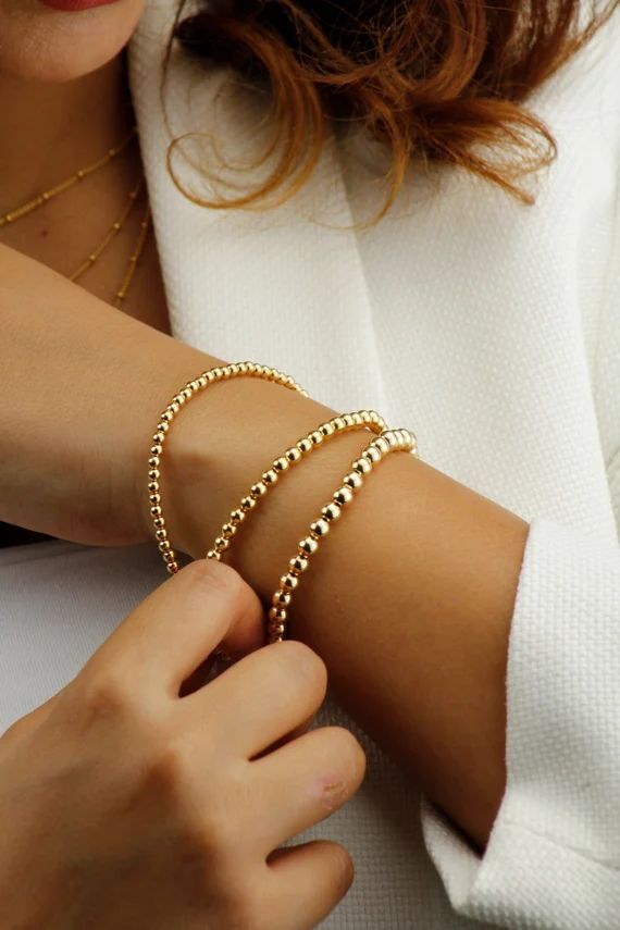 14k Gold Filled Tarnish Resistant Beaded Layering Bracelet,  Gold Filled Beads, Stacking Bracelet... | Etsy (US)
