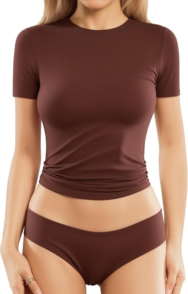 MANGOPOP Women's Double Lined Short Sleeve Long Sleeve Tops Crew Neck T Shirt Compression Fitted ... | Amazon (US)