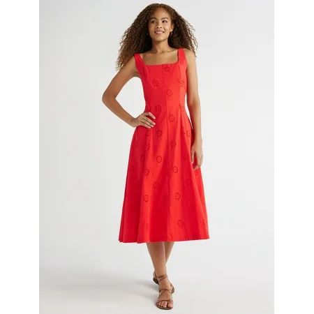 Free Assembly Women s Cotton Sleeveless Square Neck Eyelet Midi Dress Sizes XS-XXL | Walmart (US)