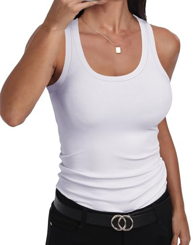 GEMBERA Womens Scoop Neck Sleeveless Racerback Ribbed Knit Slim Fitted Basic Tank Top Shirt(3955 White S) | Amazon (US)