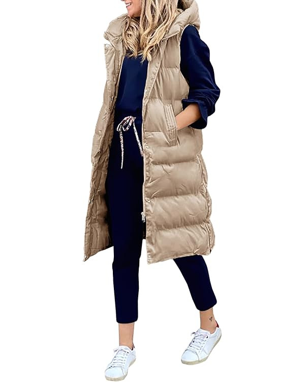 Avilego Women's Hooded Long Down Vest Full-Zip Sleeveless Puffer Vest Fashionable Coats Jacket | Amazon (US)