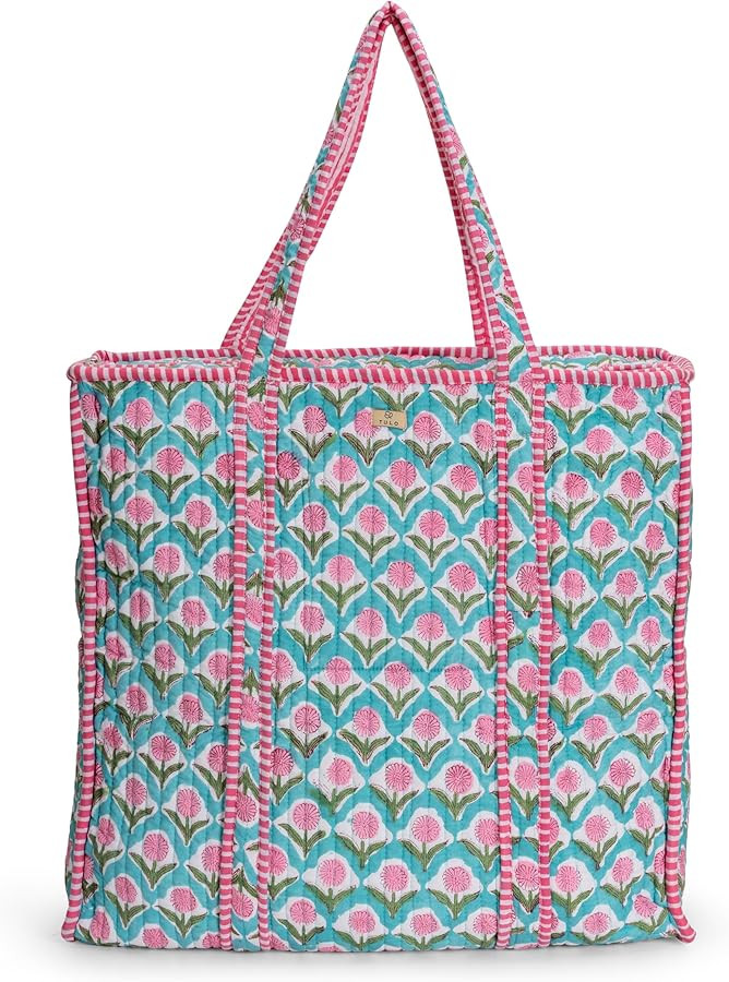 Block Print Tote Bag – Handcrafted Boho Quilted Cotton Shoulder Bag with Pockets for Work, Trav... | Amazon (US)