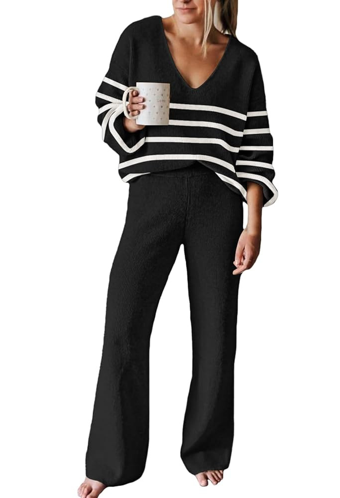 Viottiset Women's 2 Piece Outfits Casual V Neck Knit Wide Leg Sweater Lounge Set Sweatsuit | Amazon (US)