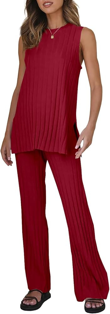 Tankaneo Two Pieces Outfits Sleeveless Top Knit Sets Trendy Lounge Long Pajamas Set | Amazon (US)