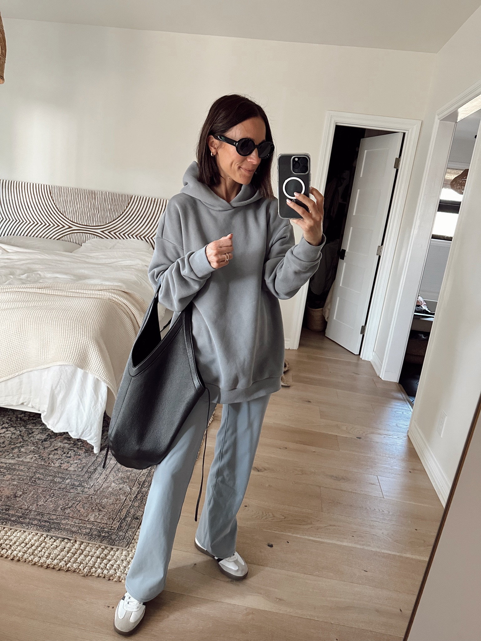 Morning school drop (also traveled to Hawaii in these pieces) 
Wearing the pants in a short length- perfect for short gals 
Went up a size in sweatshirt for an oversized look 

#LTKover40