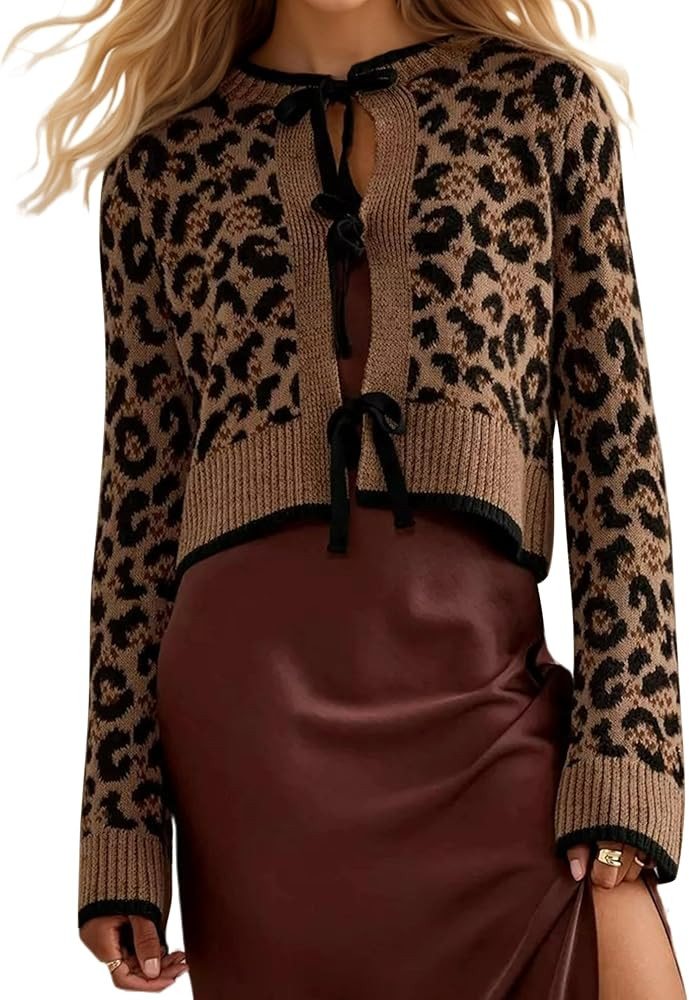 Ythomm Women Leopard Print Bow Tie Cardigan Sweaters Long Sleeve Crewneck Open Front Knit Cardiga... | Amazon (US)