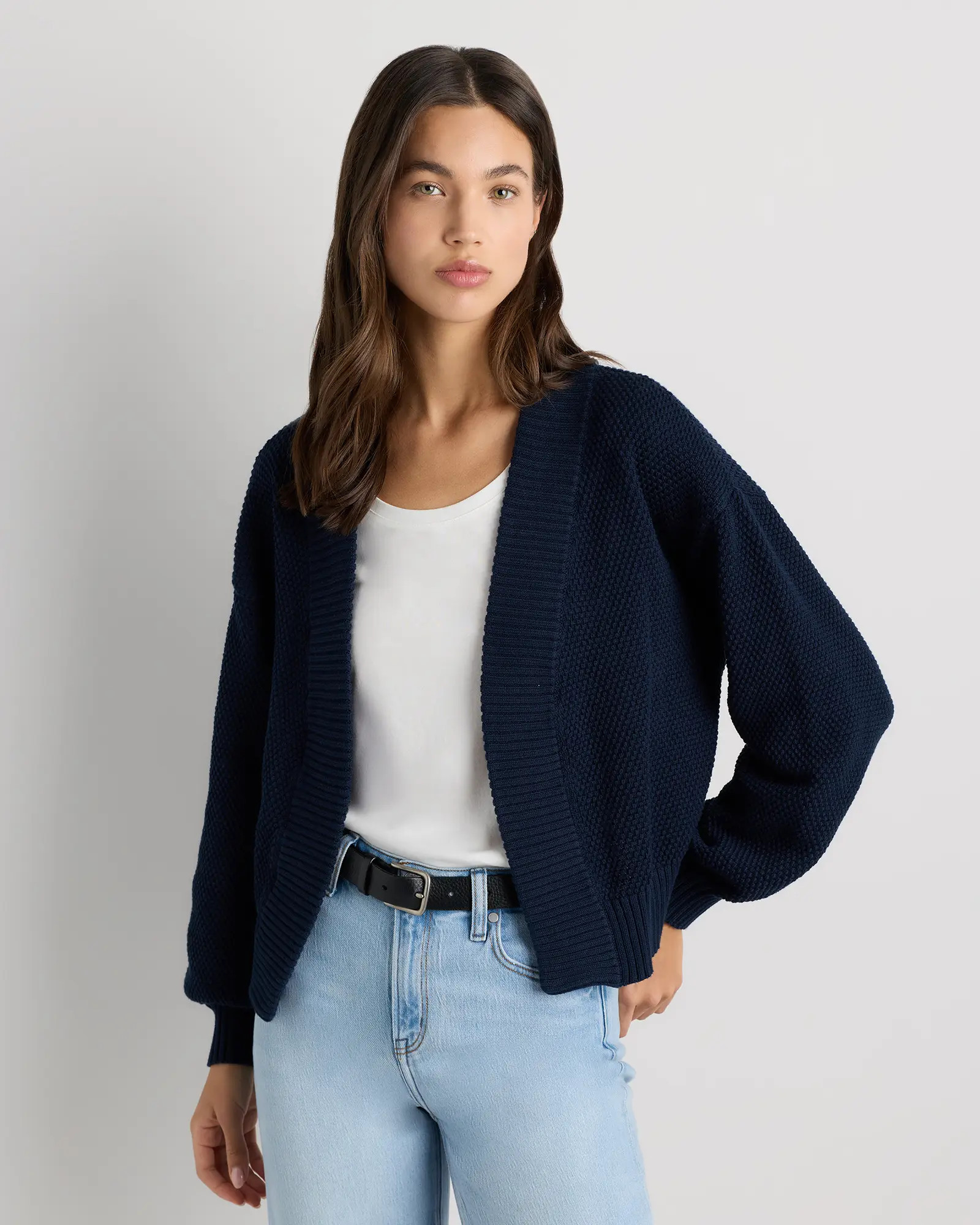100% Organic Cotton Waffle Stitch Open Cardigan in Navy | Quince