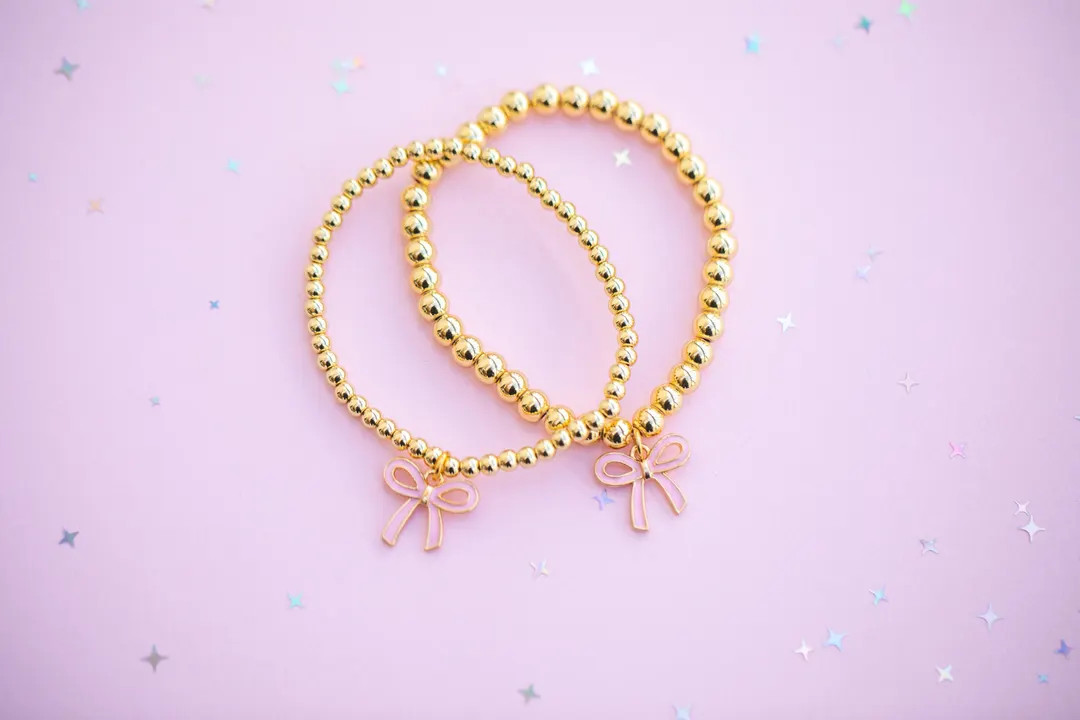 Beaded Charm Bracelet - Pink Bow Charm (choose Bead Size) - Gold Setting - Etsy | Etsy (US)