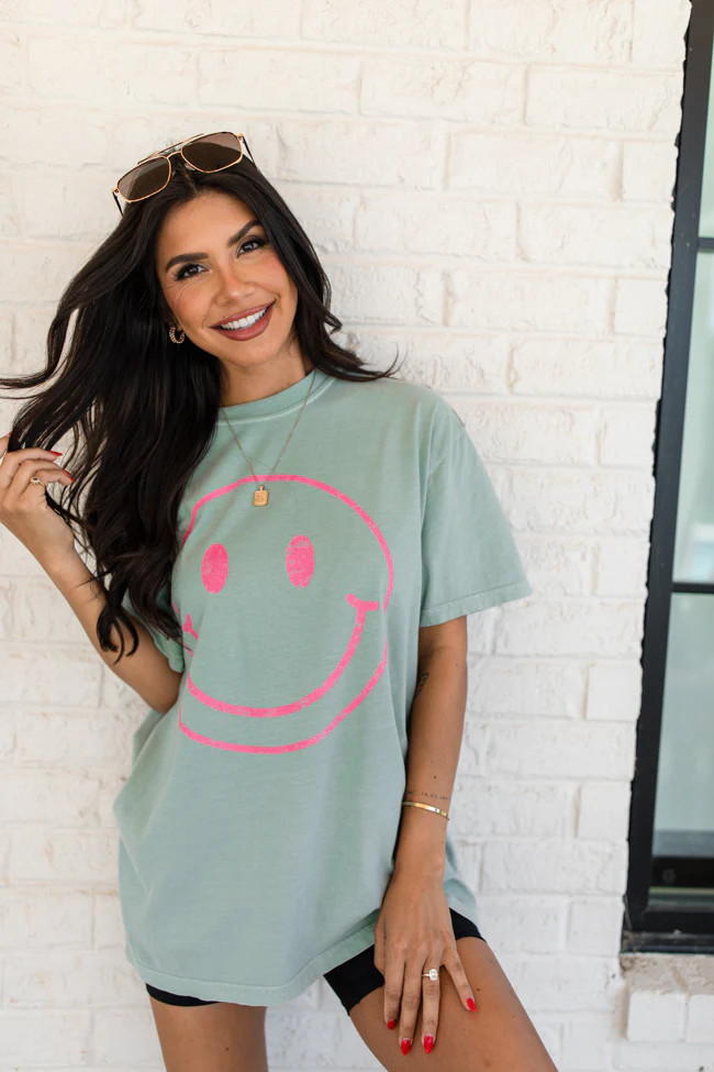 Smiley Face Green Graphic Tee SALE | Pink Lily
