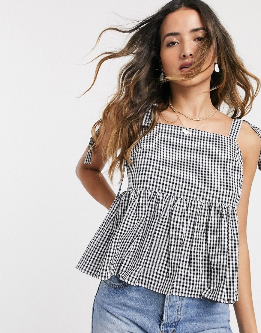 ASOS DESIGN square neck smock cami with tie strap detail in gingham print-Multi | ASOS (Global)