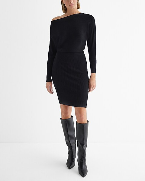Ribbed Off The Shoulder Long Sleeve Mini Sweater Dress | Express