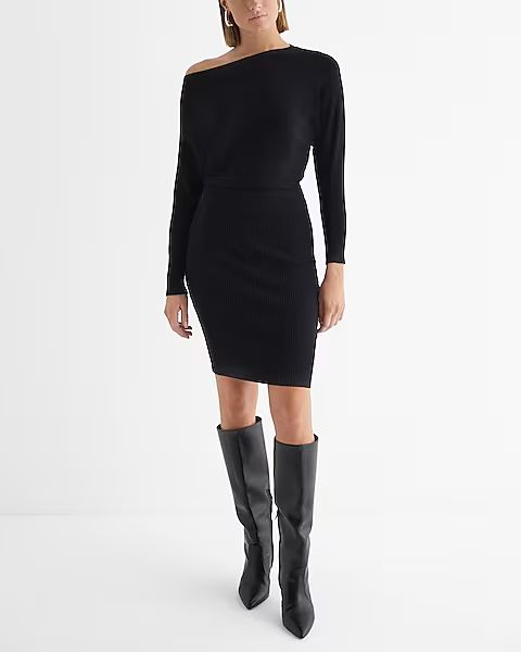 Ribbed Off The Shoulder Long Sleeve Mini Sweater Dress | Express (Pmt Risk)