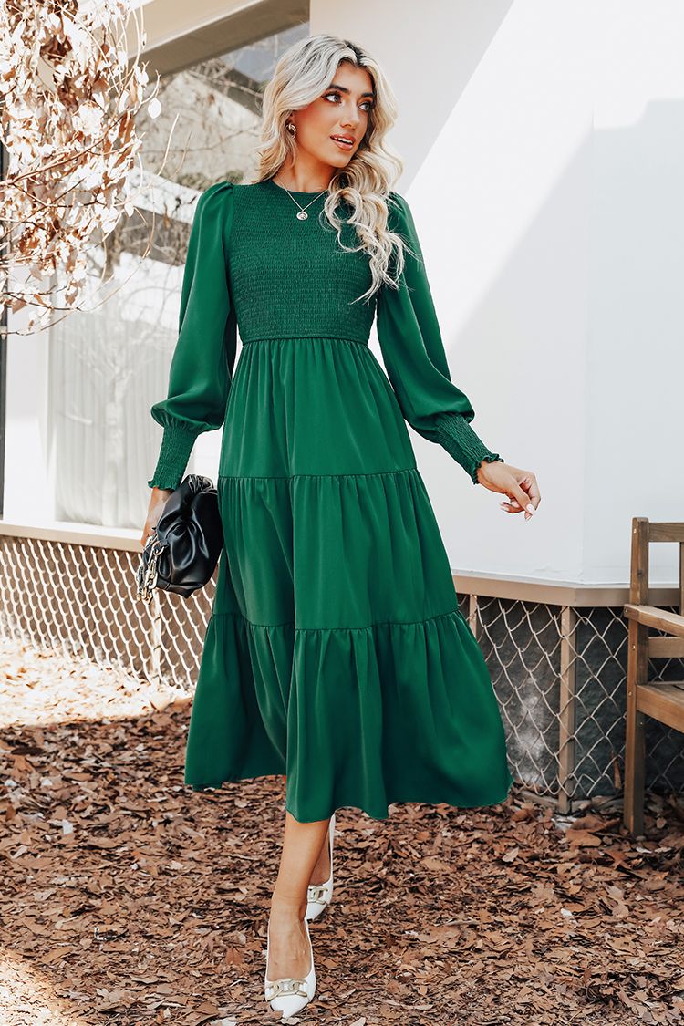 Anastasia Smocked Long Sleeve Maxi Dress - L | Cupshe US