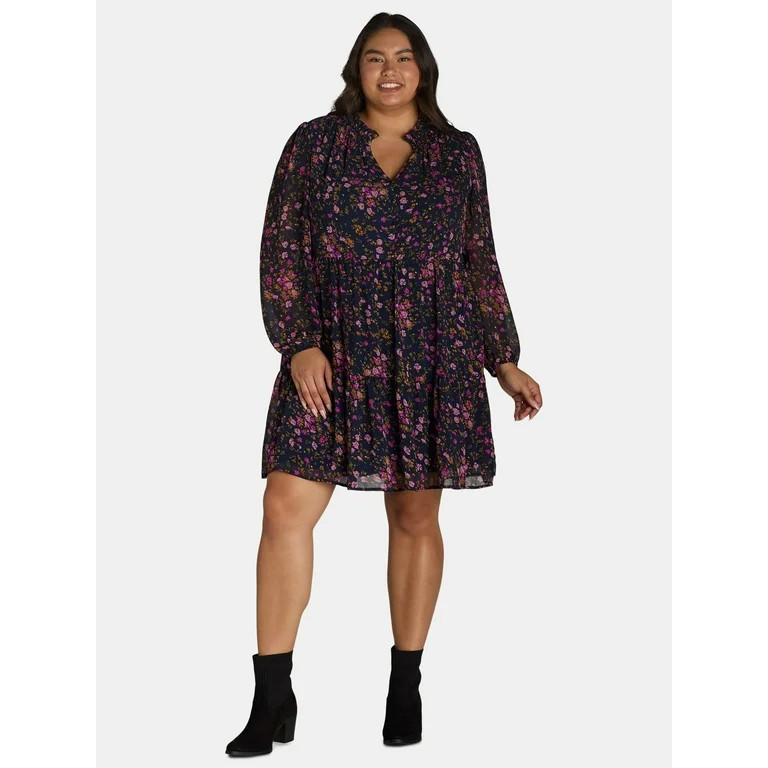 Time and Tru Ruffle Neck Mini Dress with Long-Sleeves, Women's and Women's Plus, Sizes XS-4X - Wa... | Walmart (US)