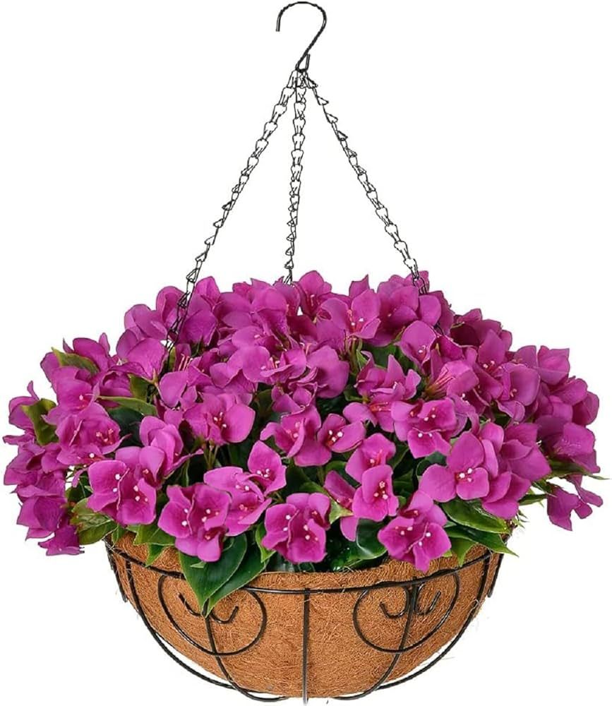 Artificial Fake Hanging Plants Flowers with Basket Outdoors, Faux Silk Purple Bougainvillea in Po... | Amazon (US)