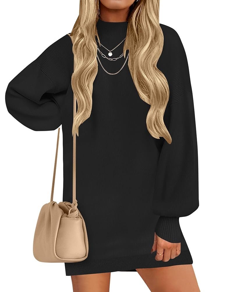 ZESICA Women's 2025 Fall Turtleneck Sweater Dress Oversized Long Lantern Sleeve Casual Knit Pullo... | Amazon (US)
