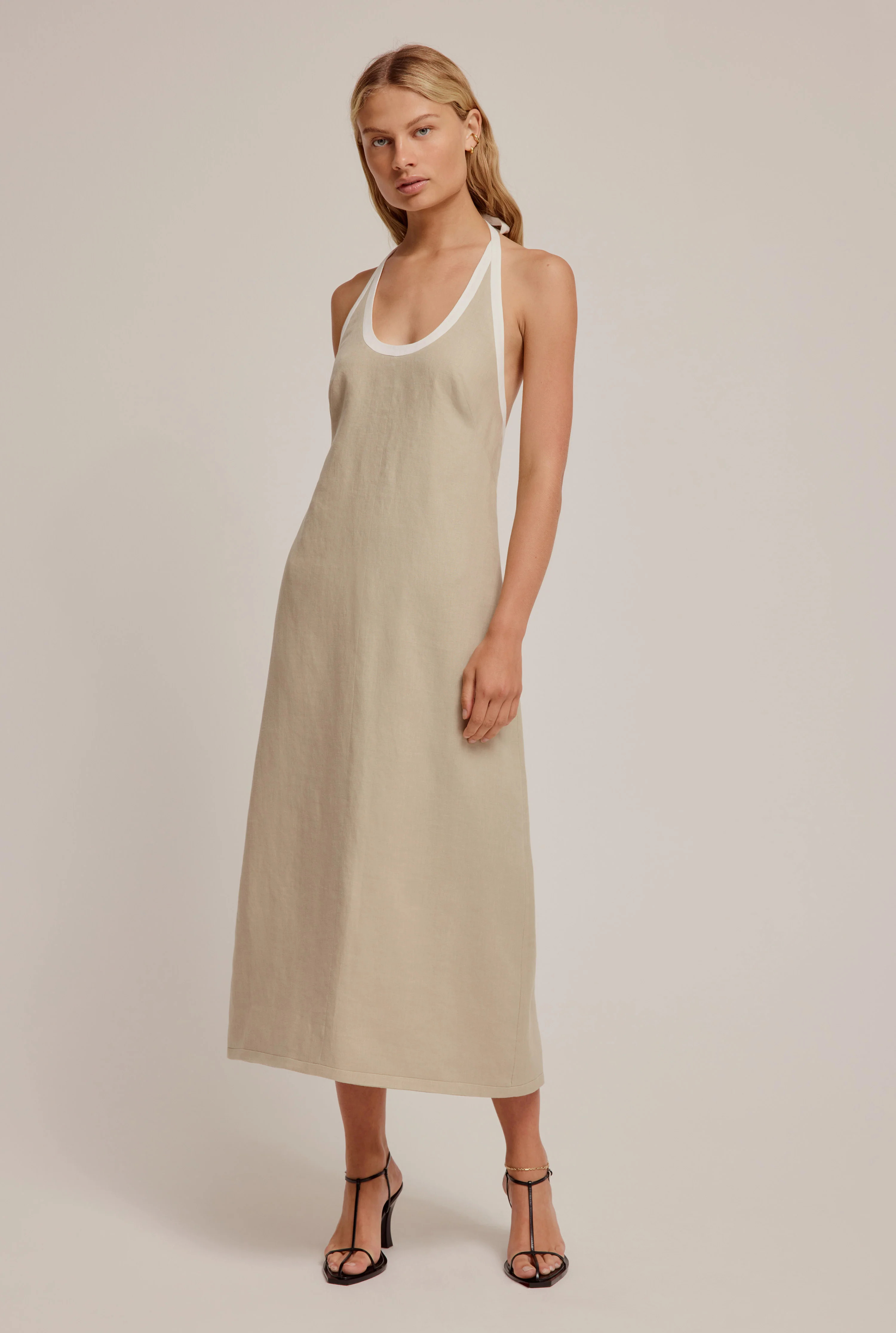 Linen Halter Midi Dress in Spray Green/Off White | Venroy | Premium Leisurewear designed in Austr... | Venroy AU