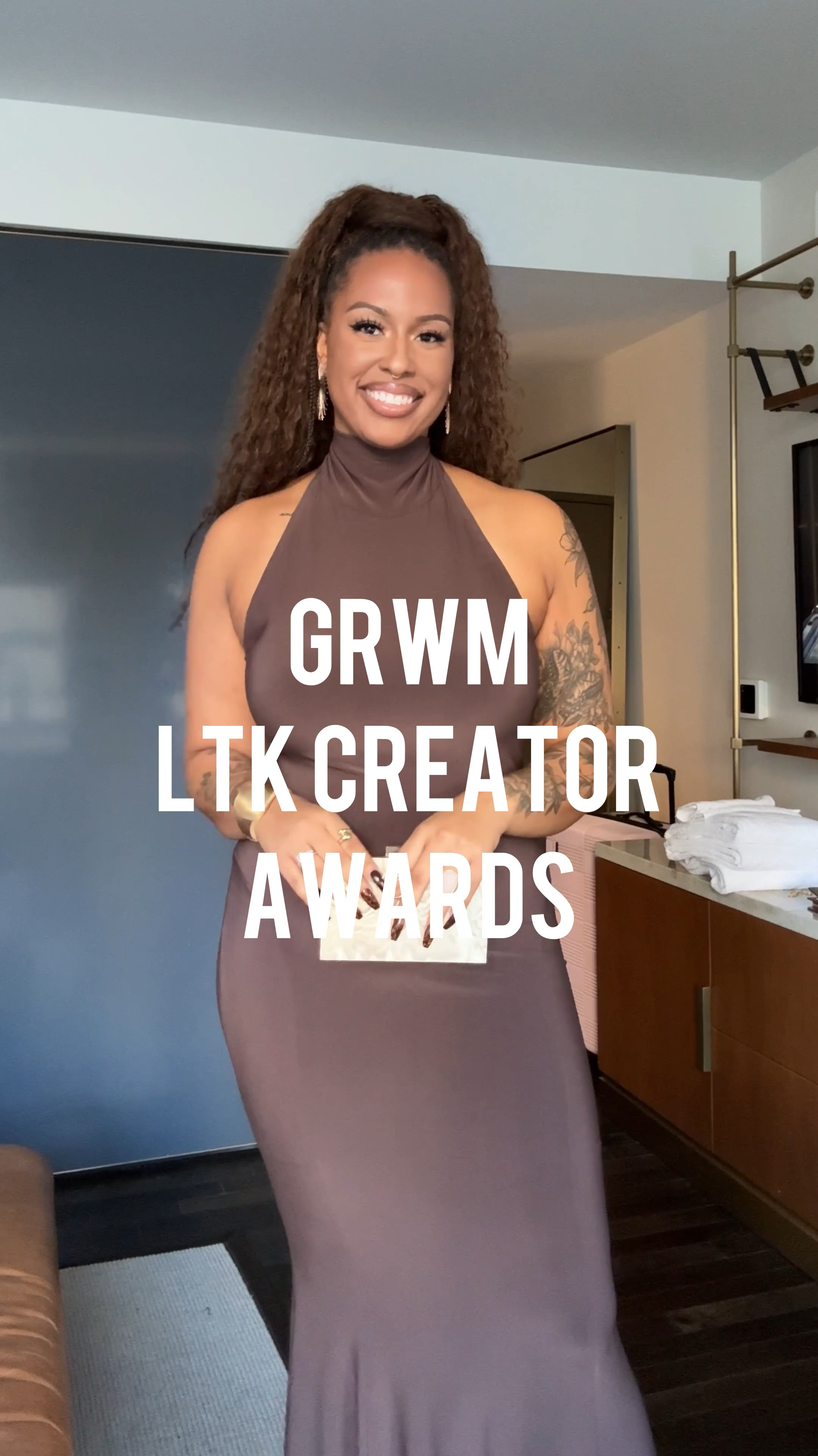 GRWM for the LTK Creator Awards!🤎✨
•
Y’all know I’m tall so I leaned into the goddess vibes with the inspiration for my look. This high neck sleeveless dress from Revolve fit the bill! I’m wearing a size 12 and I got the bust area taken in and got hooks added to the collar area for easy access.
•
My strapless bra is from Soma and my shapewear is of course the Spanx powershorts in a size Large. 
•
I’m not a heels girl usually but these  chunky gold heels from Amazon were actually really comfortable. I’m wearing a size 10.
•
My earrings and clutch are also from Amazon and my gold cuff is from Fashion Nova
•
My press on nails are from NailsbyLis on Etsy
•
And a big shout out to LillyLashes for lashing me for the awards! I’m wearing the style Miami

#LTKCon #LTKMidsize #LTKVideo
