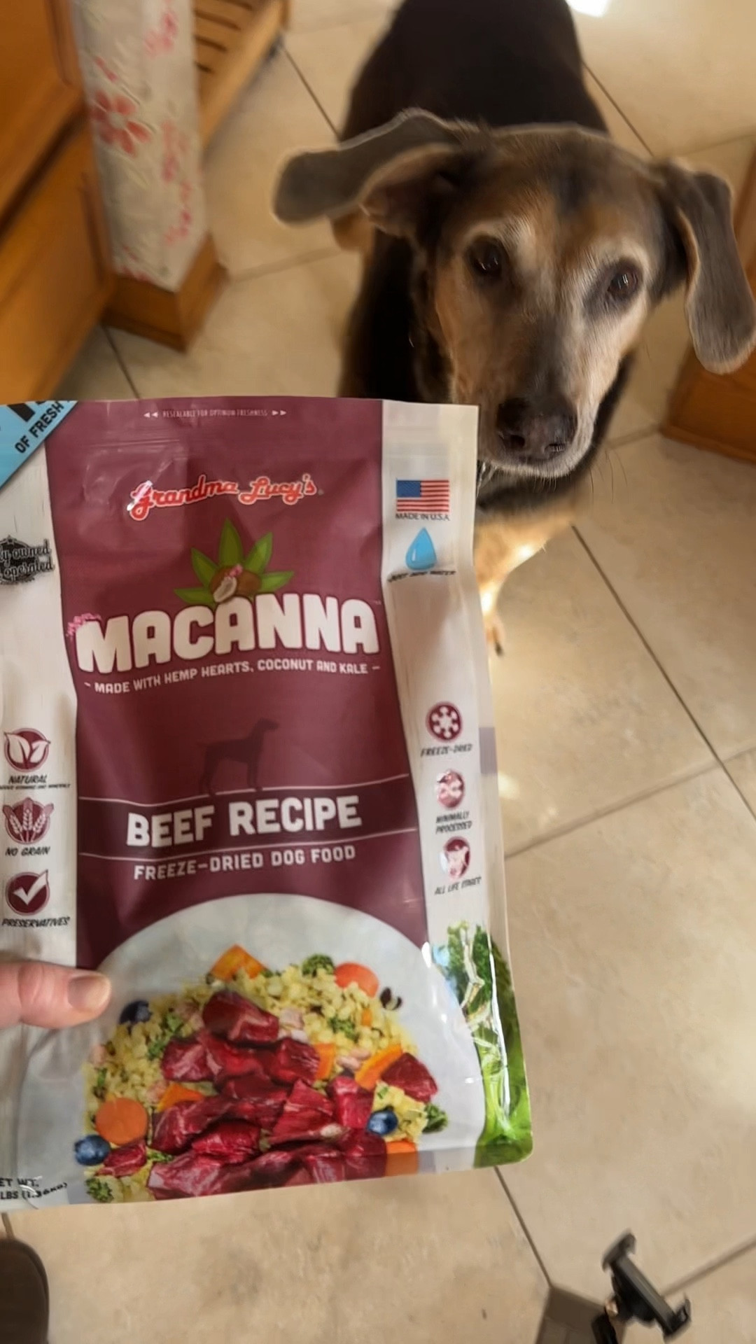 And draft caption:
Darcy is loving the Macanna freeze dried dog food from @grandmalucys 🐾 This dog food formula was made with senior dogs and their needs in mind. I love that it’s made in small batches with high quality ingredients. 

Want 15% off your first order? Use the code “First15” when you checkout. 

#ad #macannadogfood #grandmalucys 

#LTKPets
