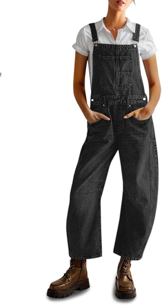 PLNOTME Womens Denim Bib Overalls Barrel Leg Adjustable Strap Jean Pants Jumpsuits with Pockets | Amazon (US)