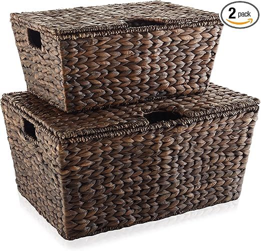 Casafield Set of 2 Water Hyacinth Storage Baskets with Tapered Bottoms and Lids (Medium/Large), M... | Amazon (US)
