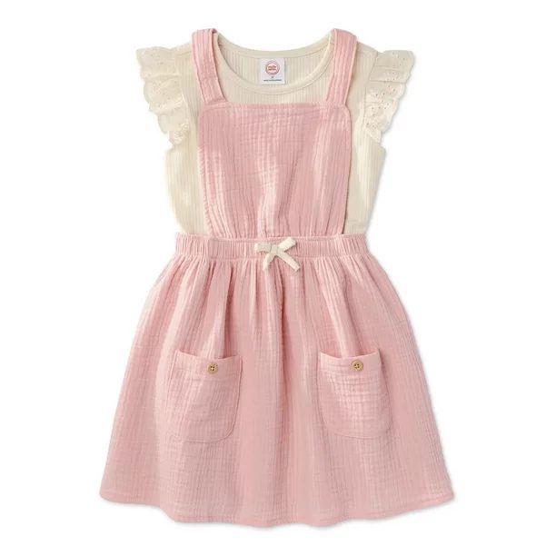 Wonder Nation Baby Toddler Girls' Ruffle Sleeve Top & Apron Dress, 2pc Outfit Set | Walmart (US)