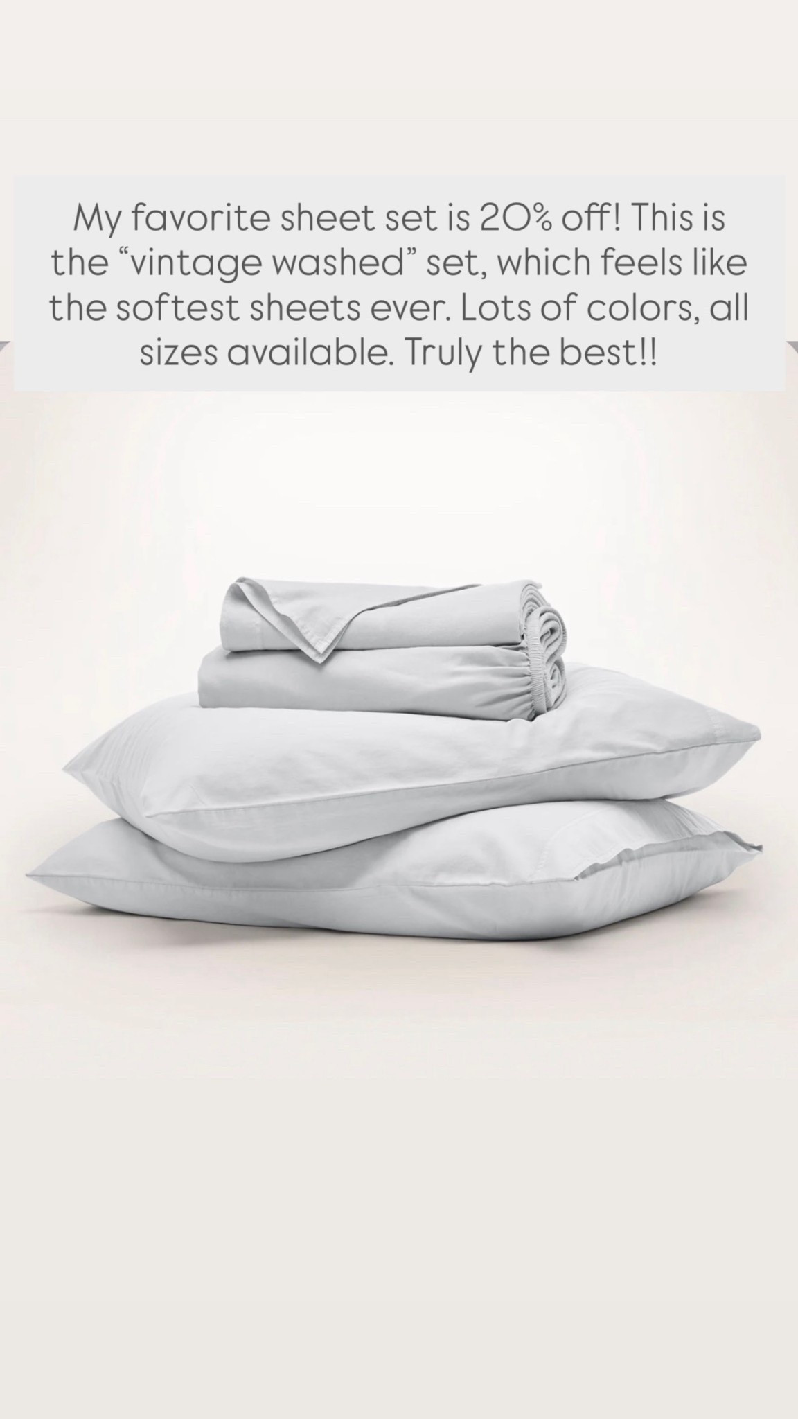 My favorite sheet set is 20% off! This is the “vintage washed” set, which feels like the softest sheets ever. Lots of colors, all sizes available. Truly the best!! 

#LTKSaleAlert #LTKHome #LTKSeasonal
