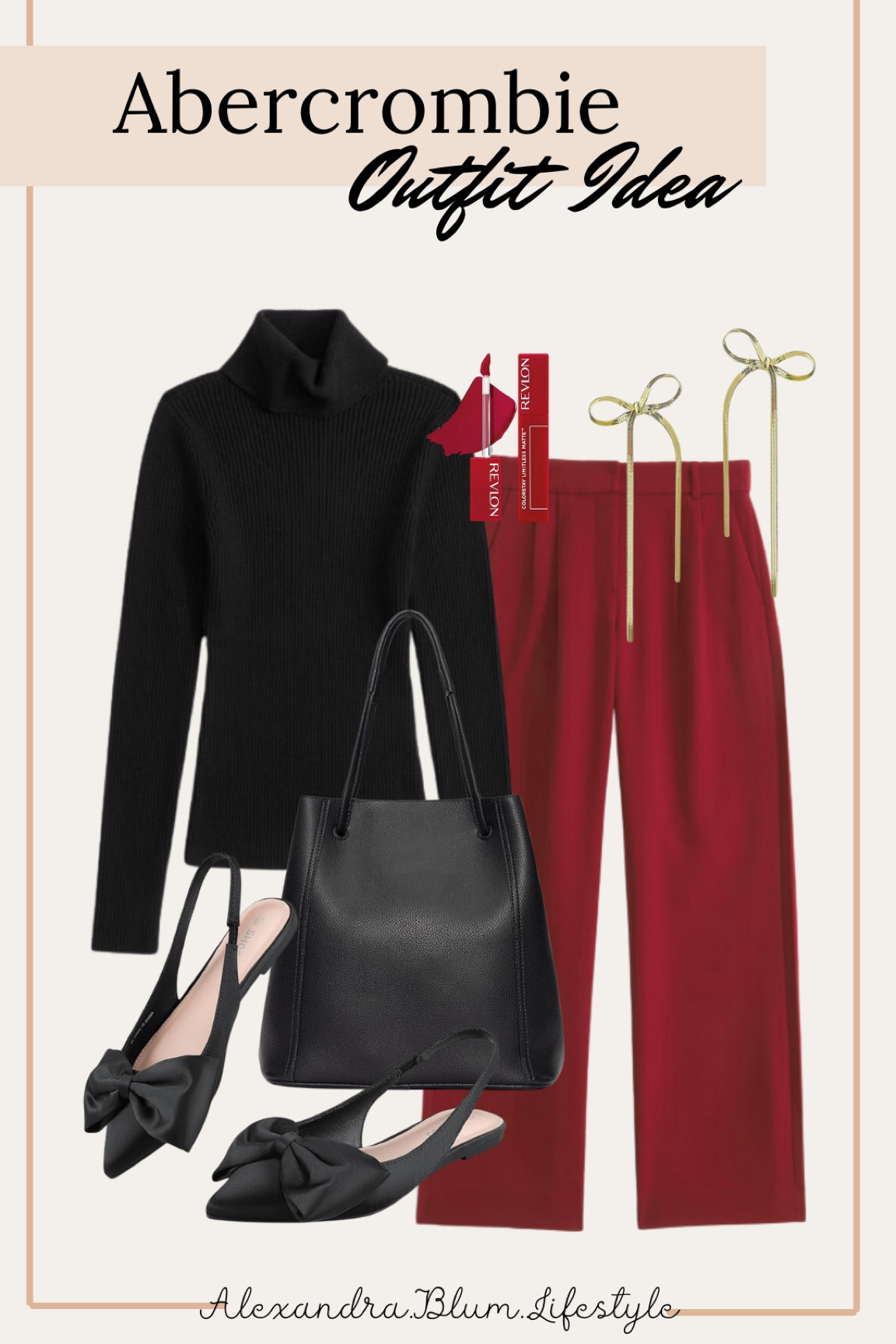 Abercrombie holiday work outfit idea! Winter outfit! Christmas outfit idea! Church outfit! Black turtle neck sweater, red dress pants, black bow flats, black tote bag handbag, bow earrings, and red lip stick! 

#LTKBeauty #LTKWorkwear #LTKFindsUnder100