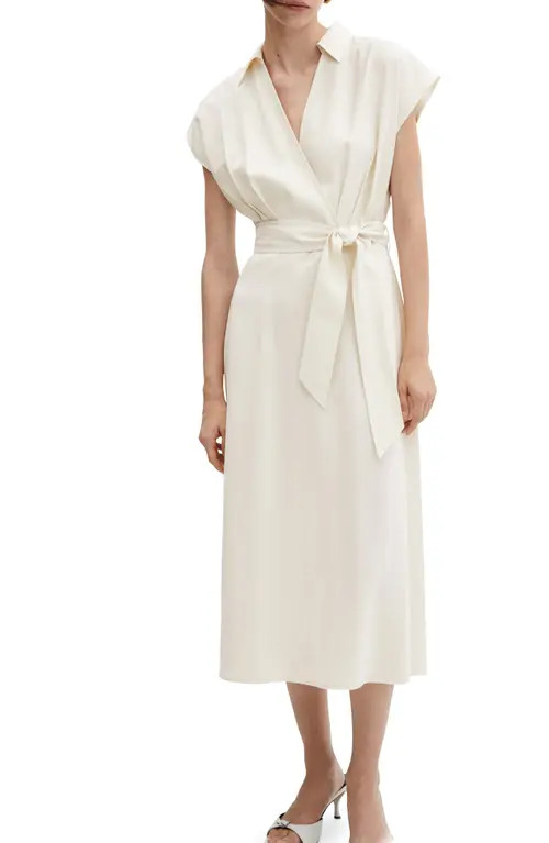 MANGO Tie Belt Faux Wrap Midi Dress in Off White at Nordstrom, Size 2 | Nordstrom