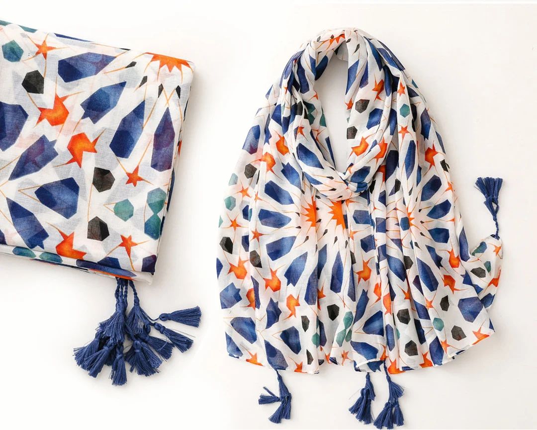 33x 73" Orange Blue Floral Pattern Printed Boho Scarf Blue Tassel Gypsy Fashion Lightweight Flowe... | Etsy (FR)