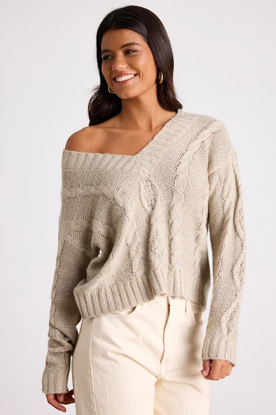 Ewan Light Grey Sequin Cable Knit V-Neck Sweater | Lulus