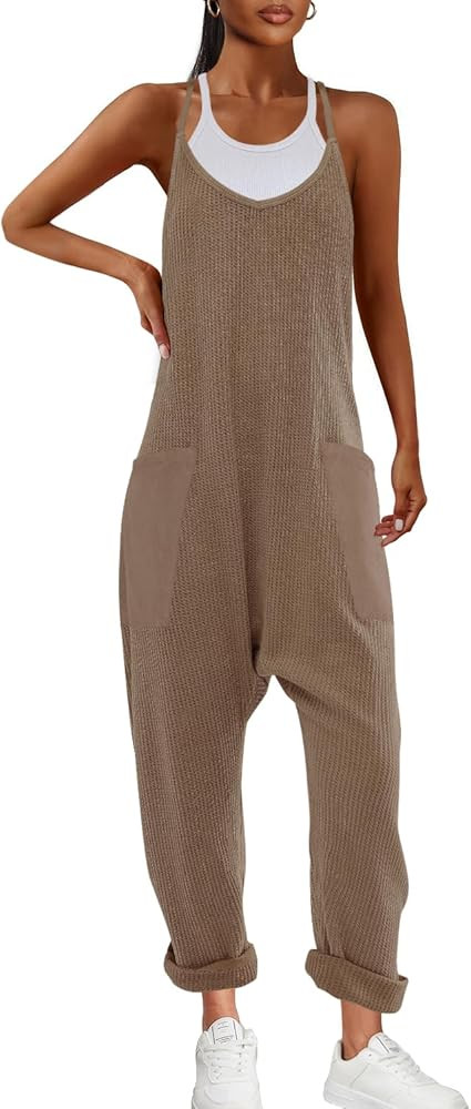Nirovien Womens Waffle Knit Jumpsuits One Piece Romper Sleeveless Onesie with Pockets Spaghetti S... | Amazon (US)