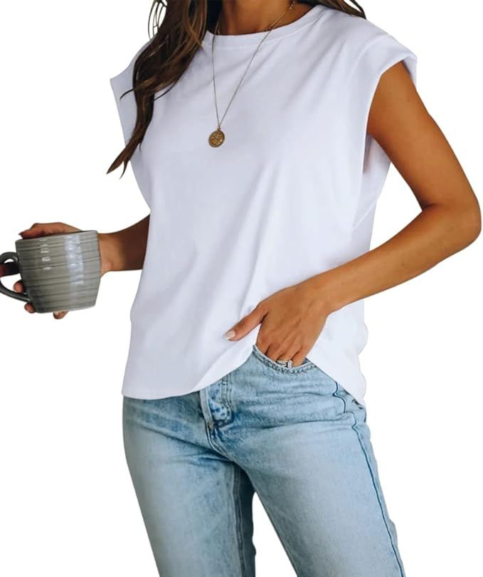 Women's Cap Sleeve Tank Top Crew Neck T Shirts Loose Fit Basic Summer Casual Tee Tops | Amazon (US)