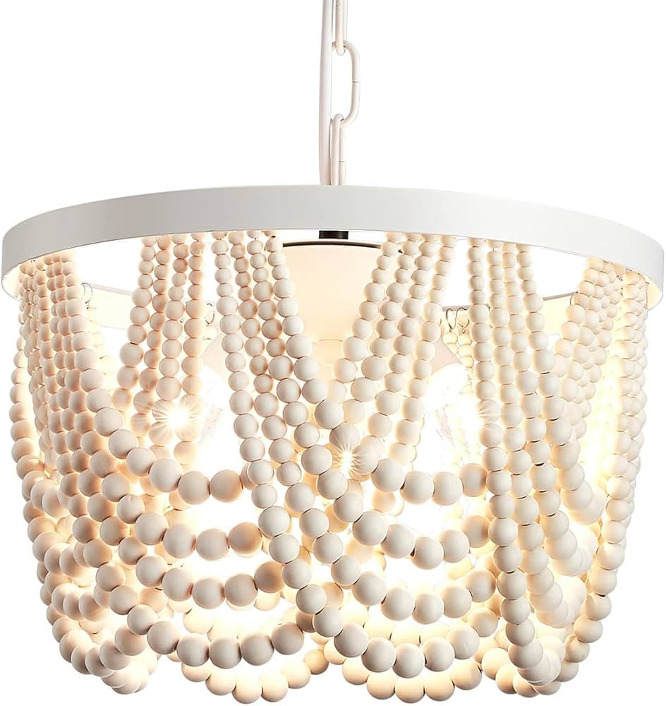 Wood Bead Chandelier,Boho Flush Mount Ceiling Hanging Pendant Light, White Metal Bohemia with Adj... | Amazon (US)