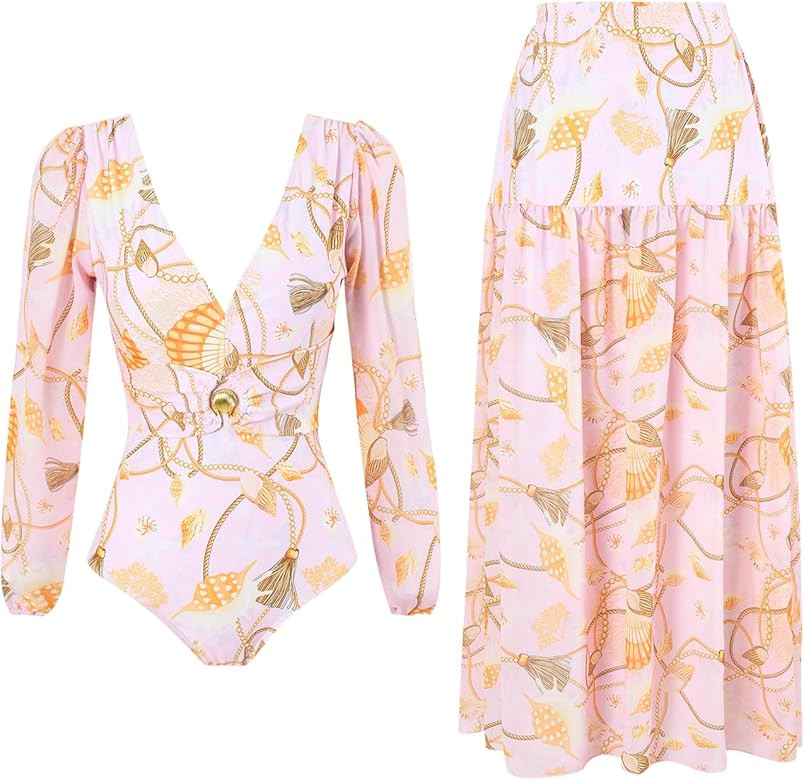 Women's One Piece Swimsuit Coverup Bikini Beachwear with Beach Skirt | Amazon (US)